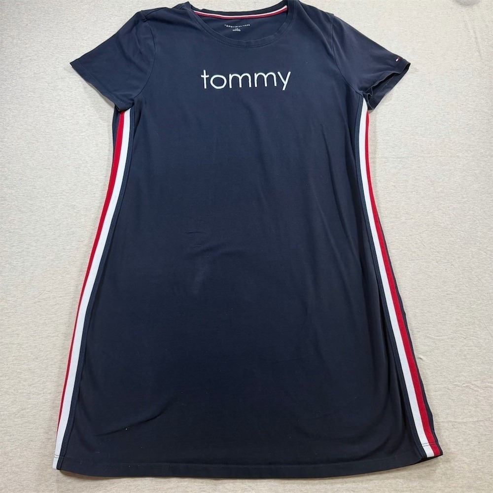 Tommy Hilfiger T-Shirt Dress Womens Size L Navy‎ Blue Logo Side Stripe Tape